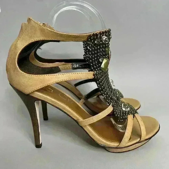 Lola Cruz Beaded Embellished Strappy High Heel Sandals Tan EU 39 - Picture 1 of 13
